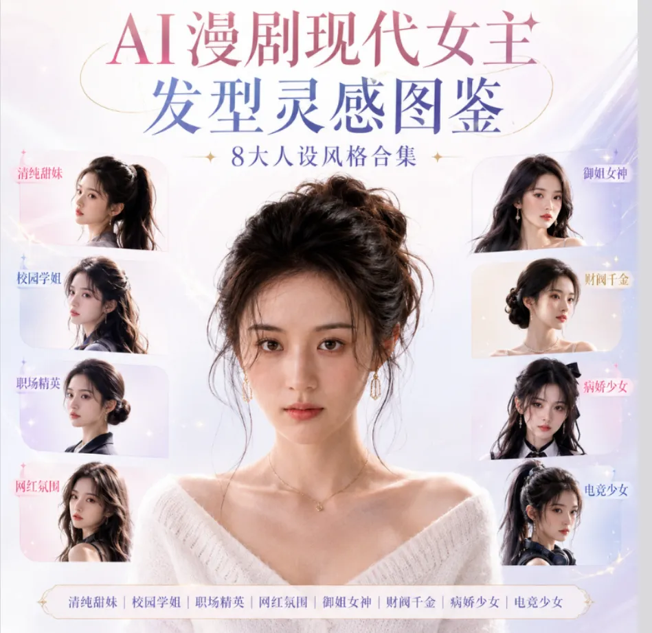 短剧女主角发型不会设计？整理了24款AI短剧女主角发型提示词丨直接套用！别再只写黑长直了